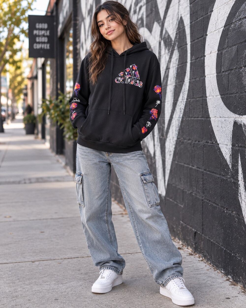 Adidas Women M Black Rose Floral Graphic Hoodie Streetwear Skater Y2K Athleisure